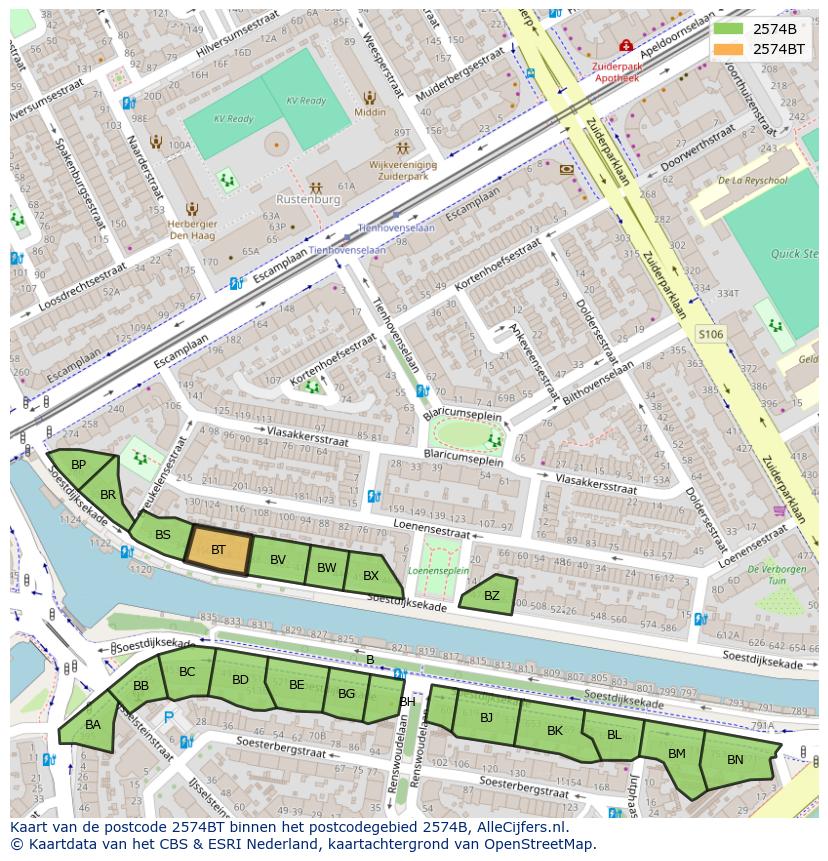 Afbeelding van het postcodegebied 2574 BT op de kaart.