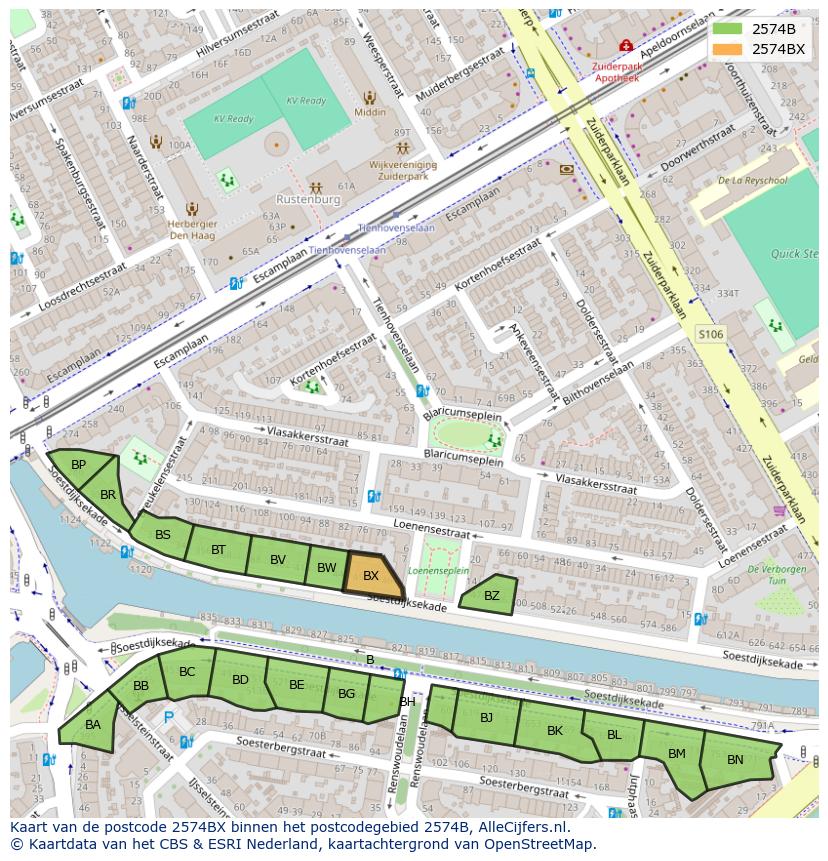 Afbeelding van het postcodegebied 2574 BX op de kaart.