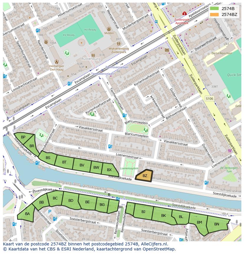 Afbeelding van het postcodegebied 2574 BZ op de kaart.