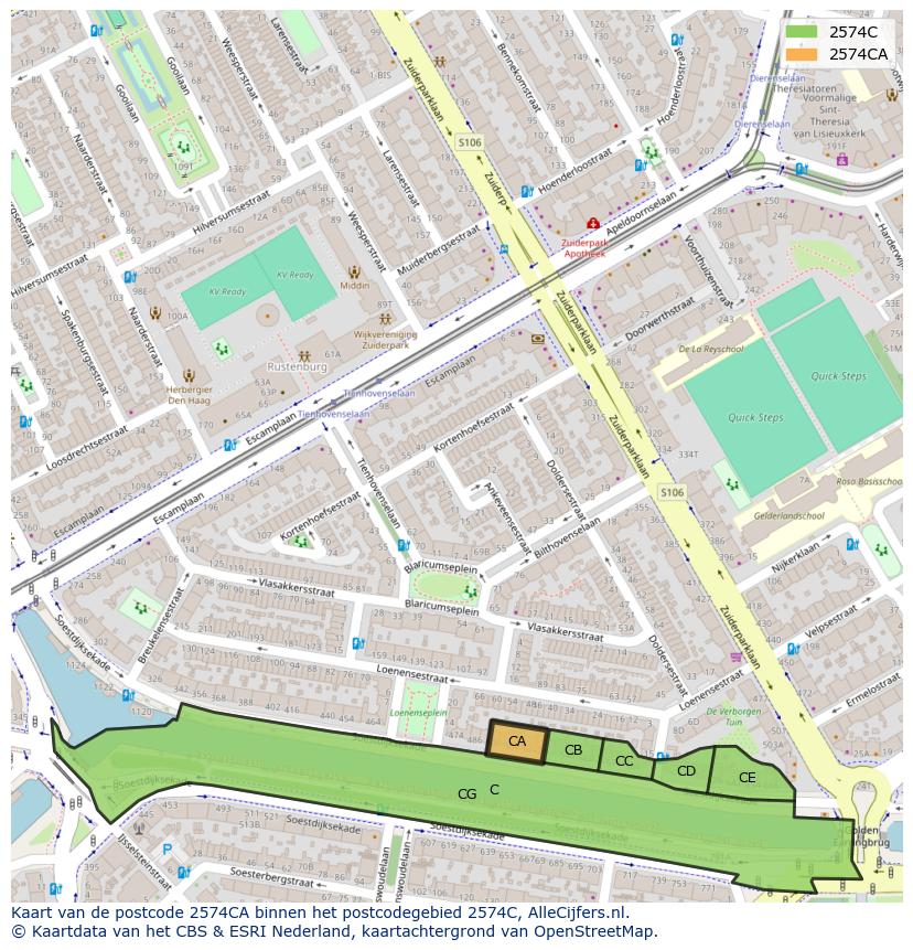 Afbeelding van het postcodegebied 2574 CA op de kaart.