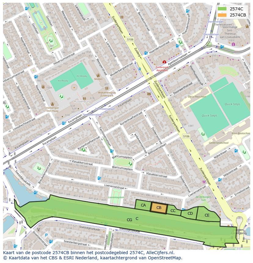 Afbeelding van het postcodegebied 2574 CB op de kaart.