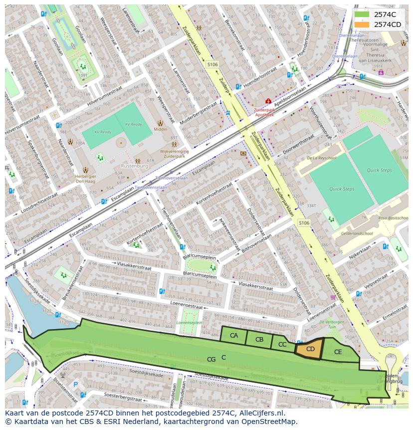 Afbeelding van het postcodegebied 2574 CD op de kaart.