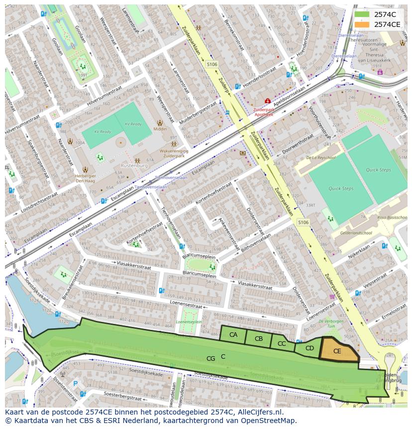 Afbeelding van het postcodegebied 2574 CE op de kaart.