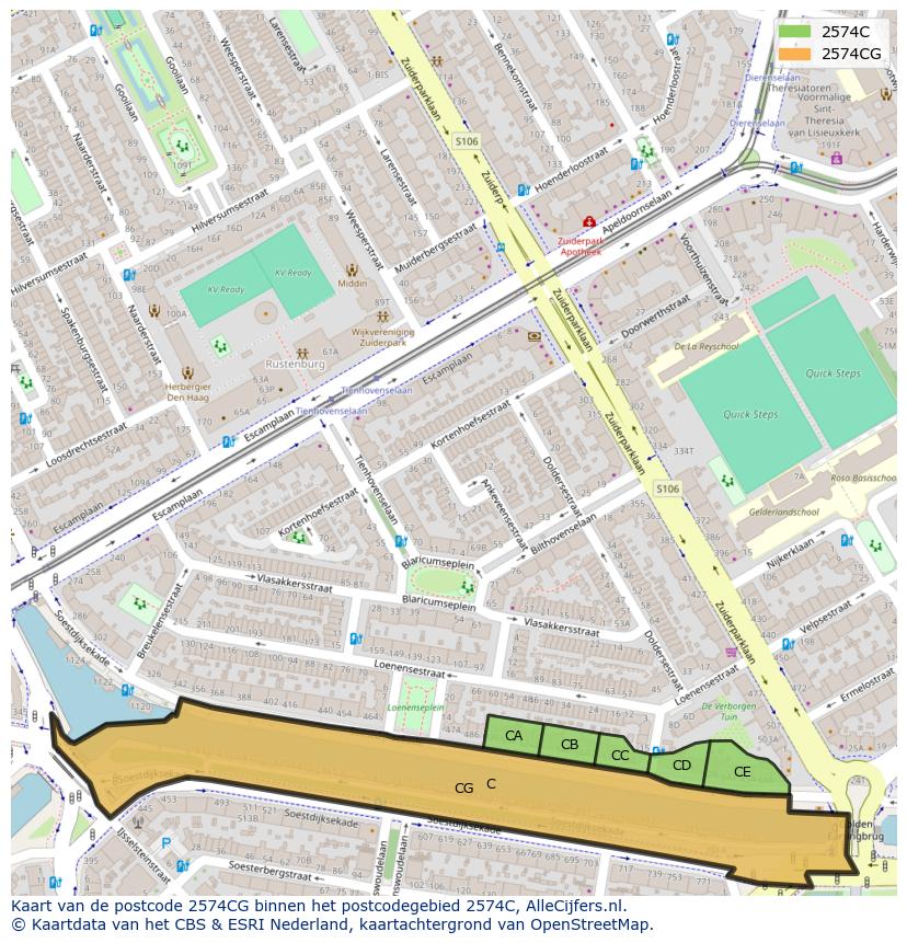 Afbeelding van het postcodegebied 2574 CG op de kaart.