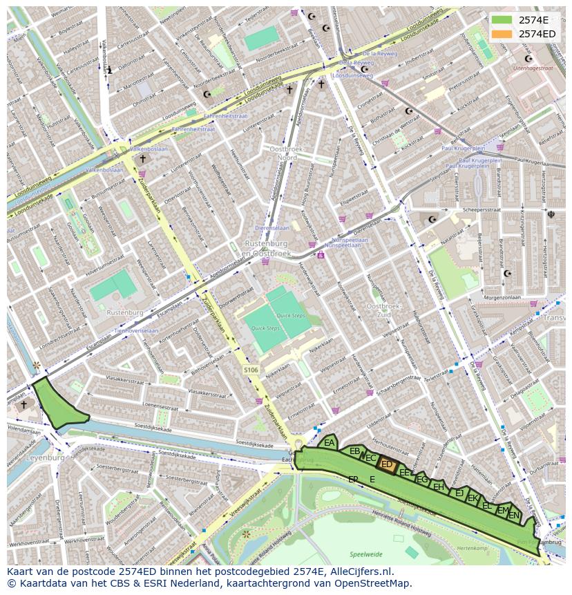 Afbeelding van het postcodegebied 2574 ED op de kaart.
