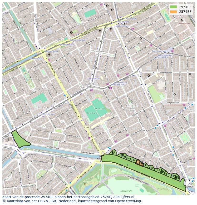 Afbeelding van het postcodegebied 2574 EE op de kaart.