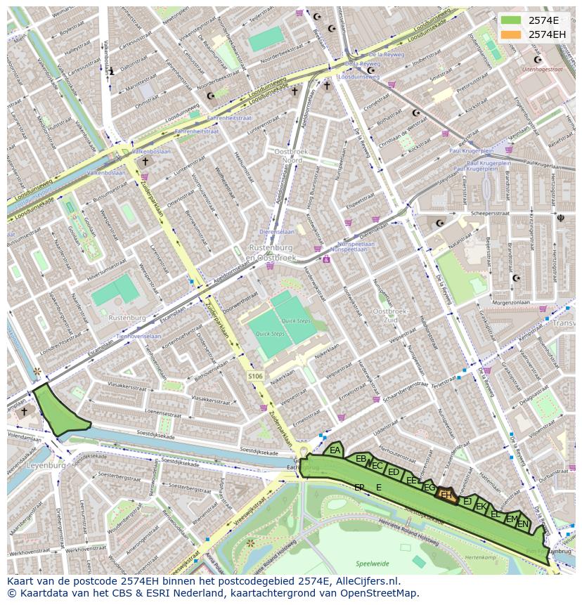 Afbeelding van het postcodegebied 2574 EH op de kaart.