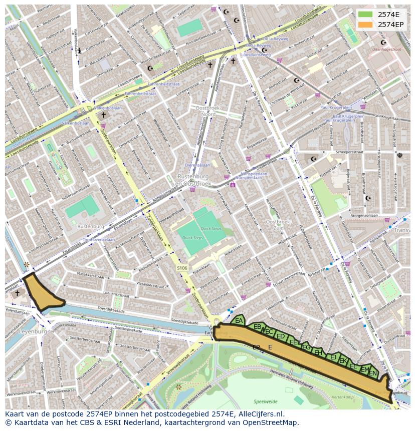 Afbeelding van het postcodegebied 2574 EP op de kaart.