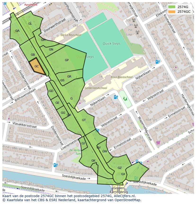 Afbeelding van het postcodegebied 2574 GC op de kaart.