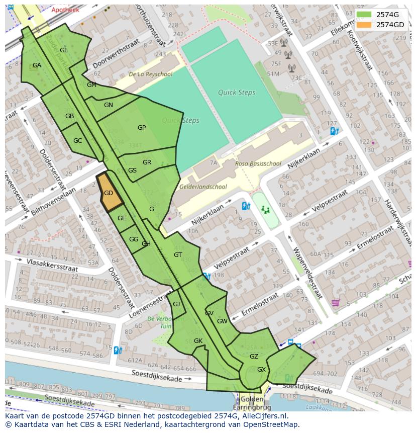 Afbeelding van het postcodegebied 2574 GD op de kaart.