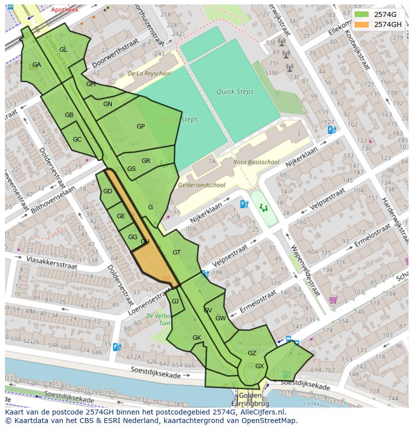 Afbeelding van het postcodegebied 2574 GH op de kaart.