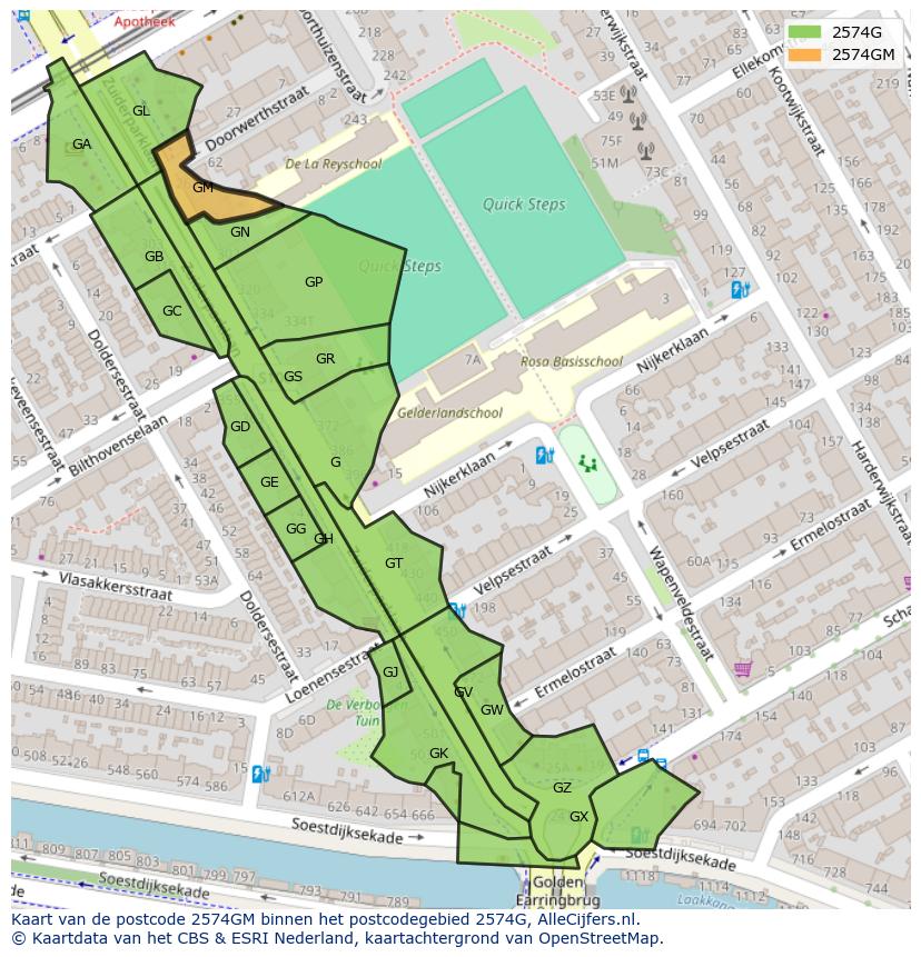 Afbeelding van het postcodegebied 2574 GM op de kaart.