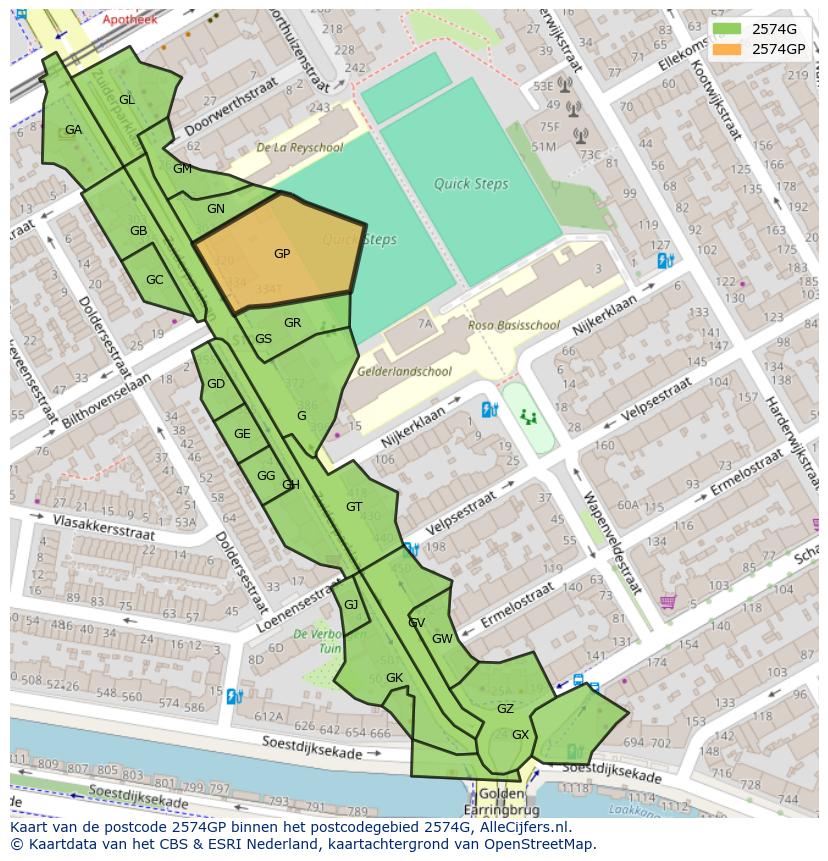 Afbeelding van het postcodegebied 2574 GP op de kaart.