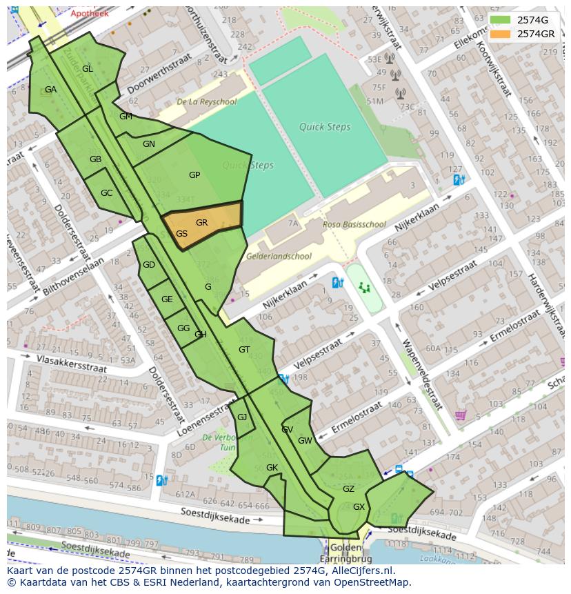 Afbeelding van het postcodegebied 2574 GR op de kaart.