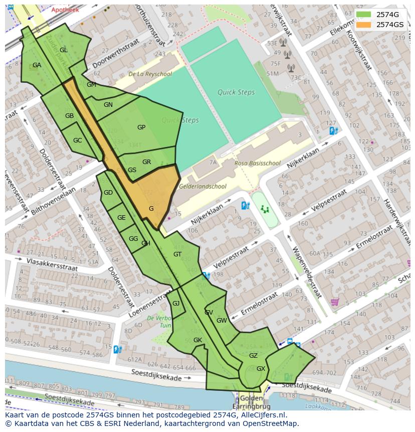 Afbeelding van het postcodegebied 2574 GS op de kaart.