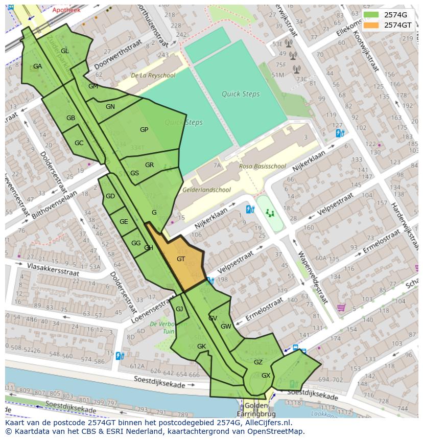 Afbeelding van het postcodegebied 2574 GT op de kaart.