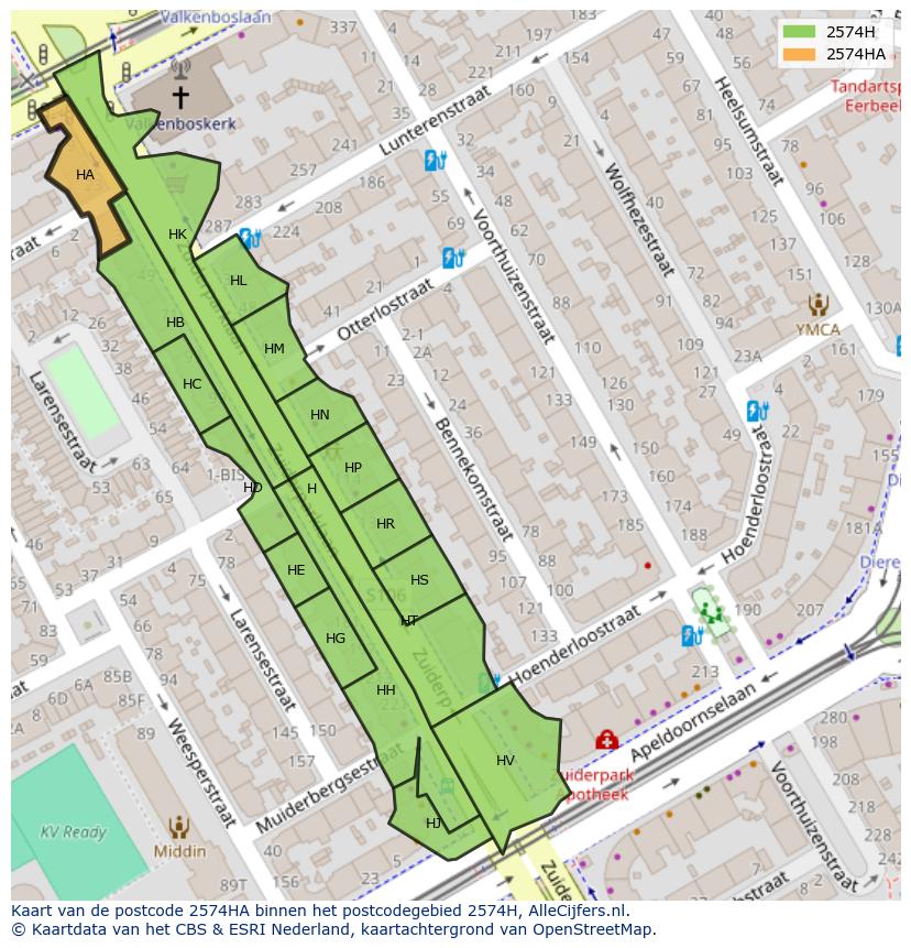Afbeelding van het postcodegebied 2574 HA op de kaart.
