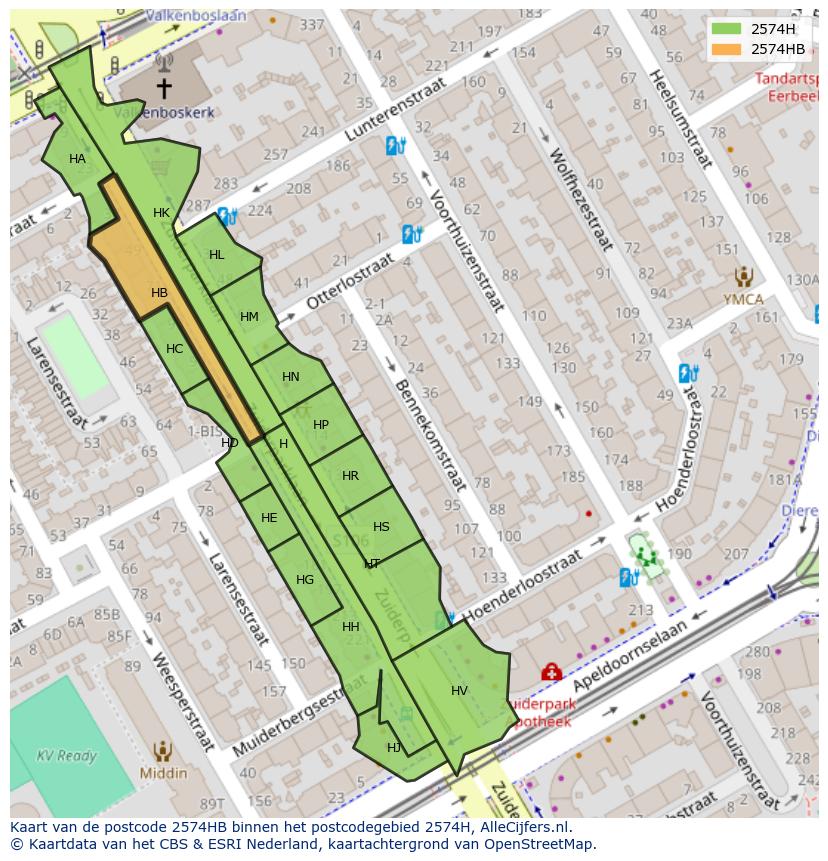 Afbeelding van het postcodegebied 2574 HB op de kaart.