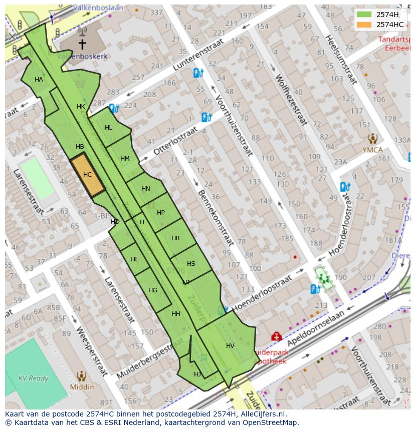 Afbeelding van het postcodegebied 2574 HC op de kaart.