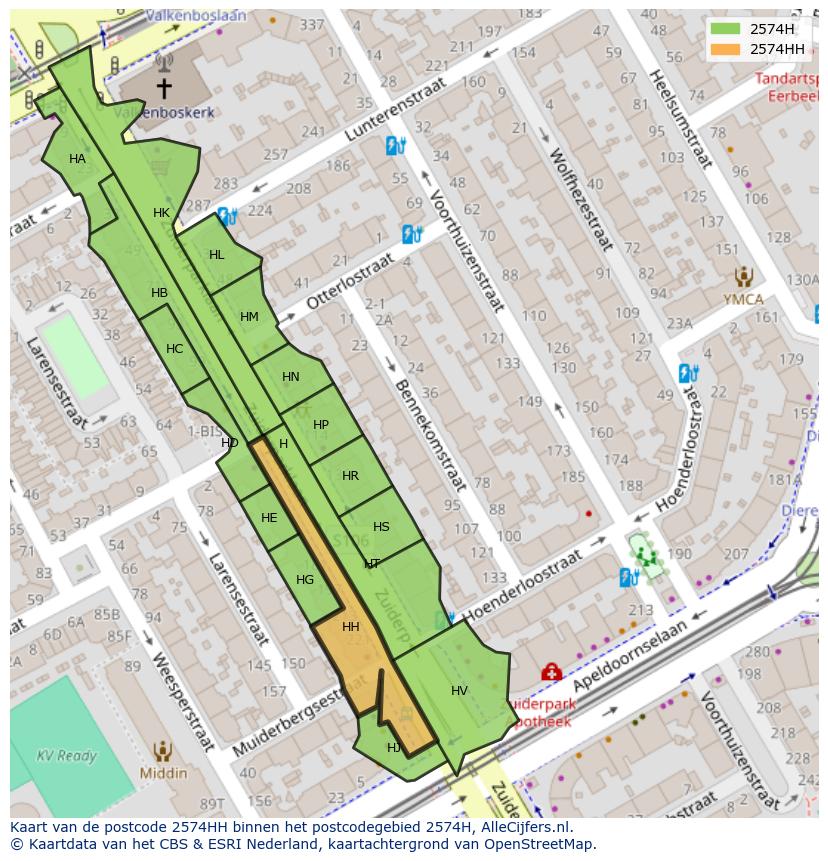Afbeelding van het postcodegebied 2574 HH op de kaart.