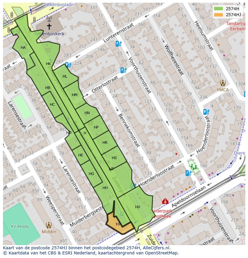 Afbeelding van het postcodegebied 2574 HJ op de kaart.