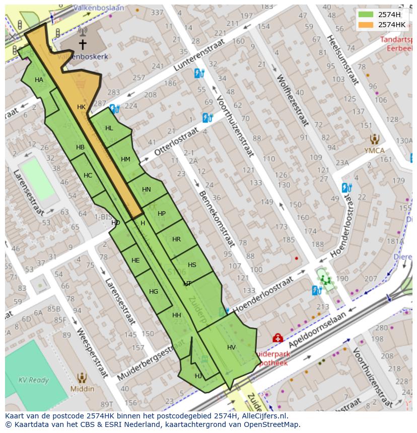 Afbeelding van het postcodegebied 2574 HK op de kaart.
