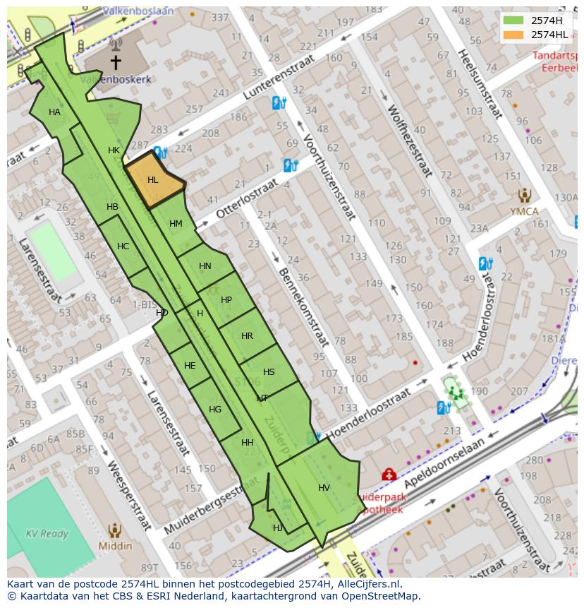 Afbeelding van het postcodegebied 2574 HL op de kaart.