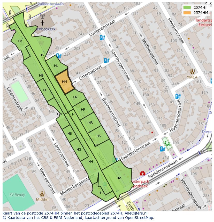 Afbeelding van het postcodegebied 2574 HM op de kaart.