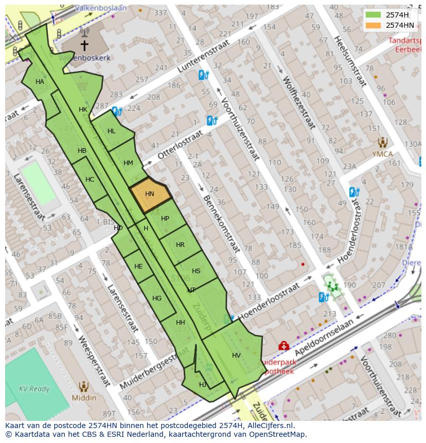 Afbeelding van het postcodegebied 2574 HN op de kaart.