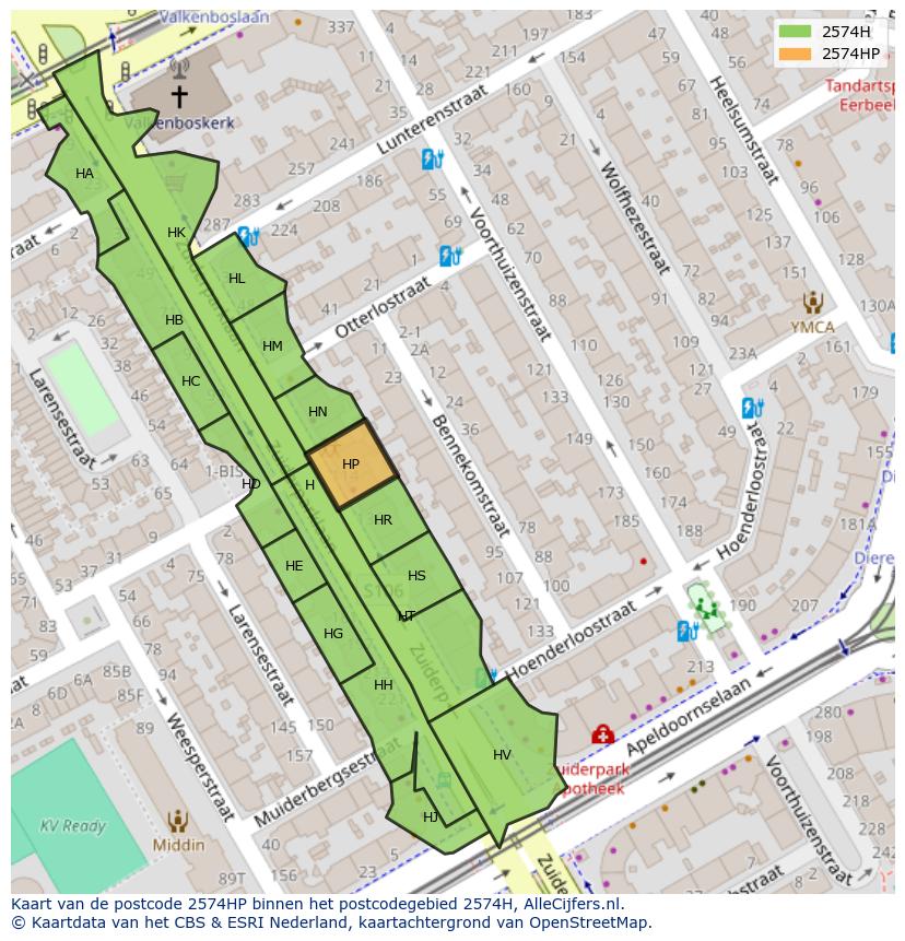 Afbeelding van het postcodegebied 2574 HP op de kaart.