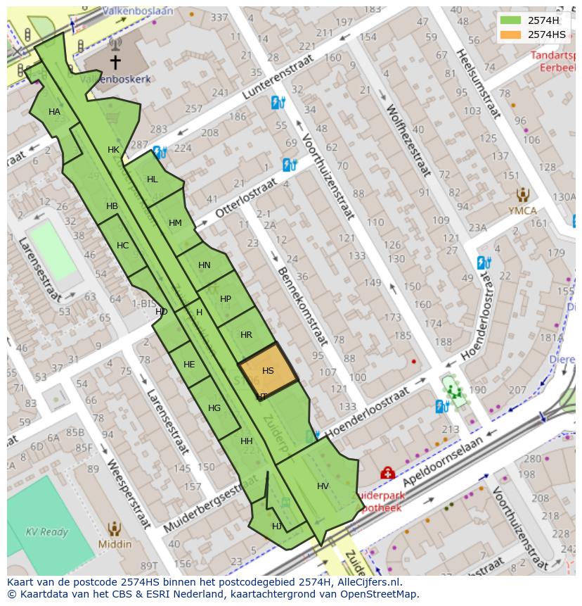 Afbeelding van het postcodegebied 2574 HS op de kaart.