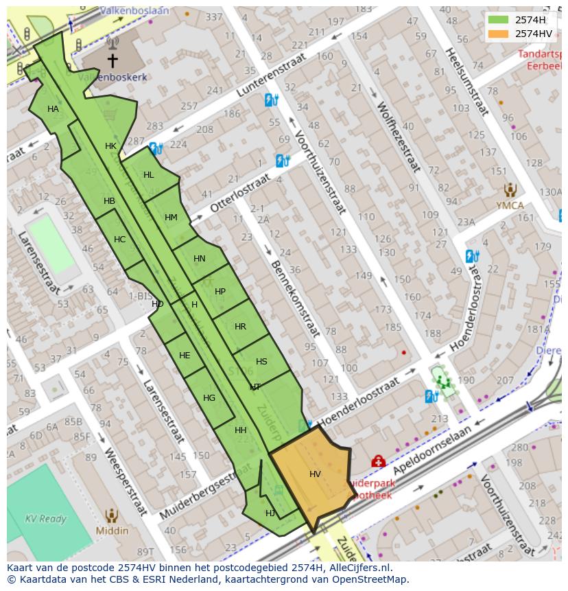 Afbeelding van het postcodegebied 2574 HV op de kaart.