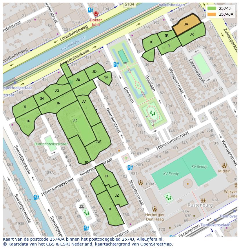 Afbeelding van het postcodegebied 2574 JA op de kaart.