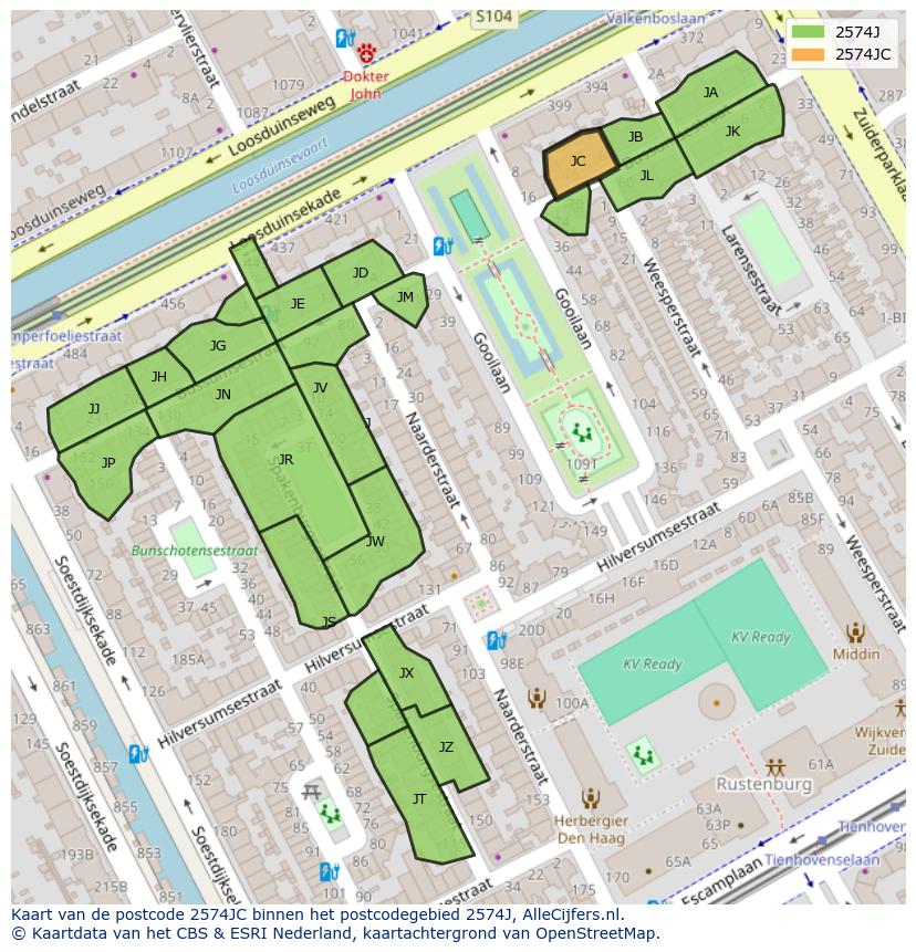Afbeelding van het postcodegebied 2574 JC op de kaart.
