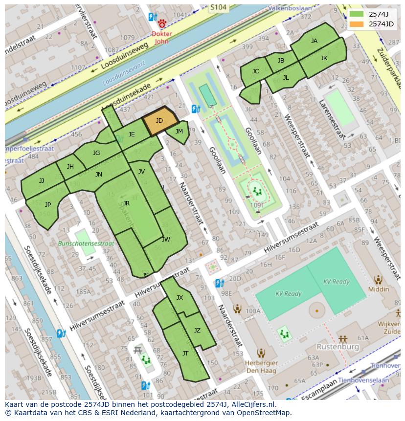 Afbeelding van het postcodegebied 2574 JD op de kaart.