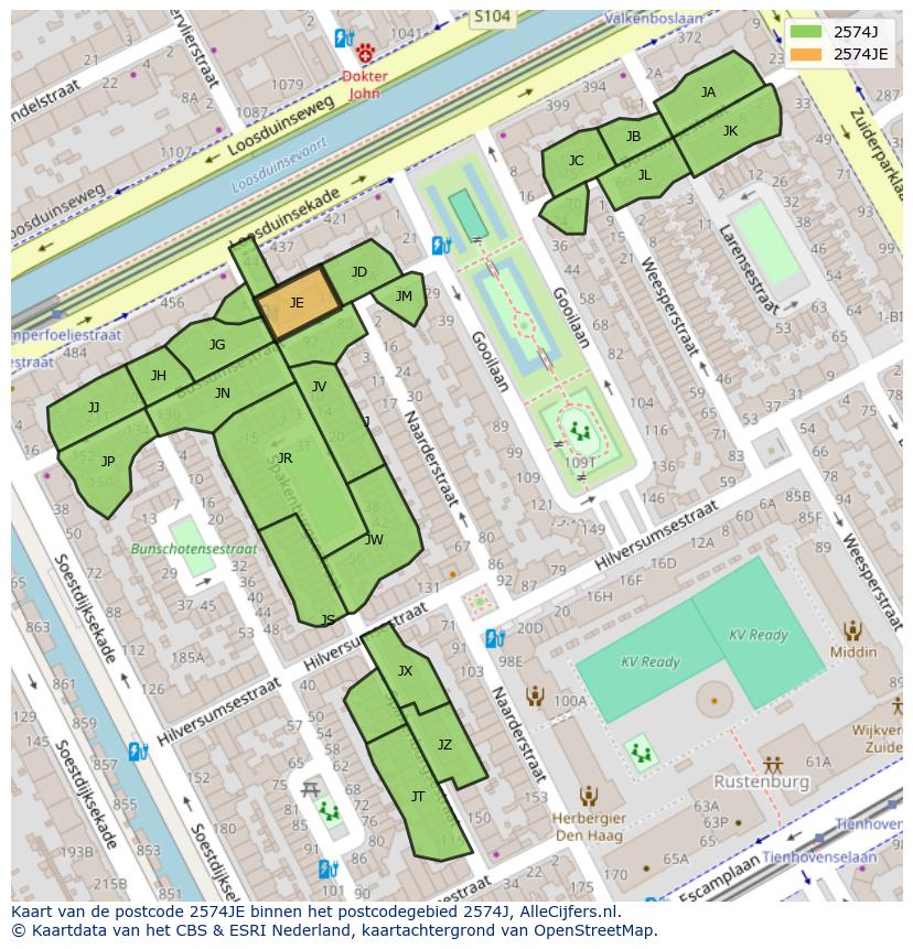 Afbeelding van het postcodegebied 2574 JE op de kaart.