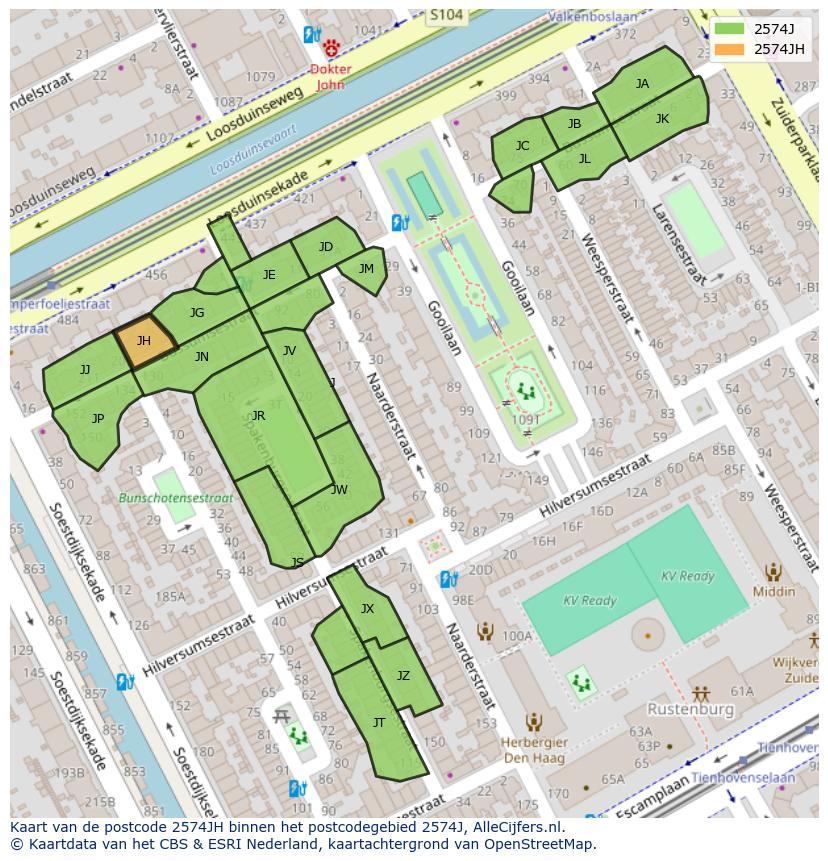 Afbeelding van het postcodegebied 2574 JH op de kaart.