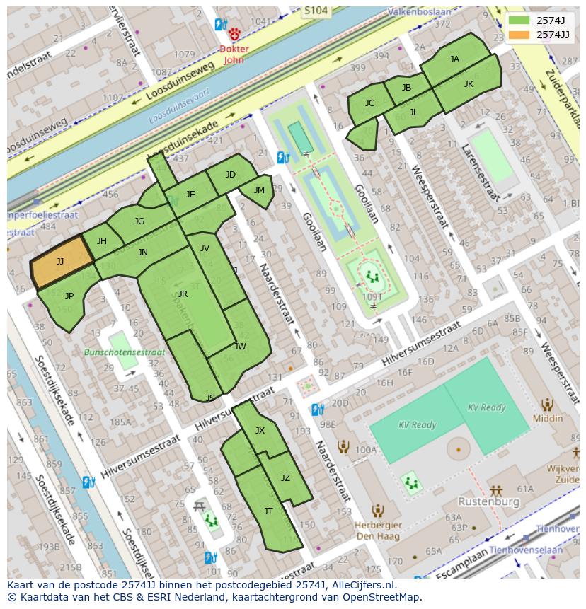 Afbeelding van het postcodegebied 2574 JJ op de kaart.