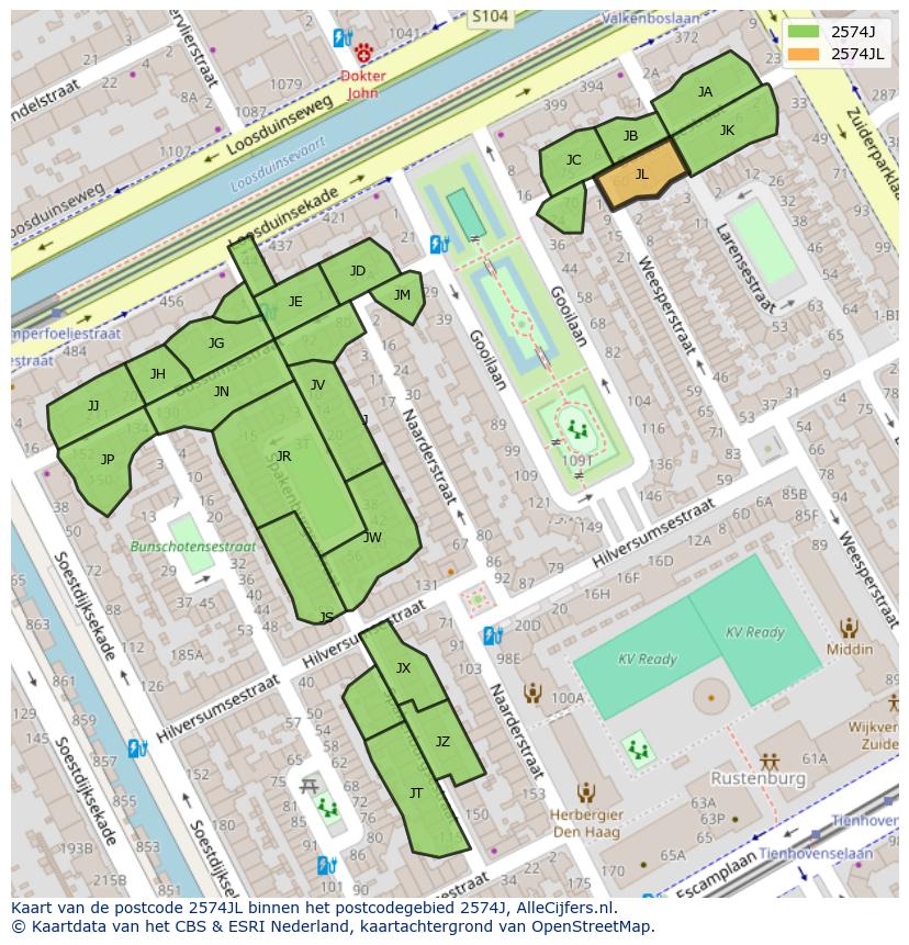 Afbeelding van het postcodegebied 2574 JL op de kaart.