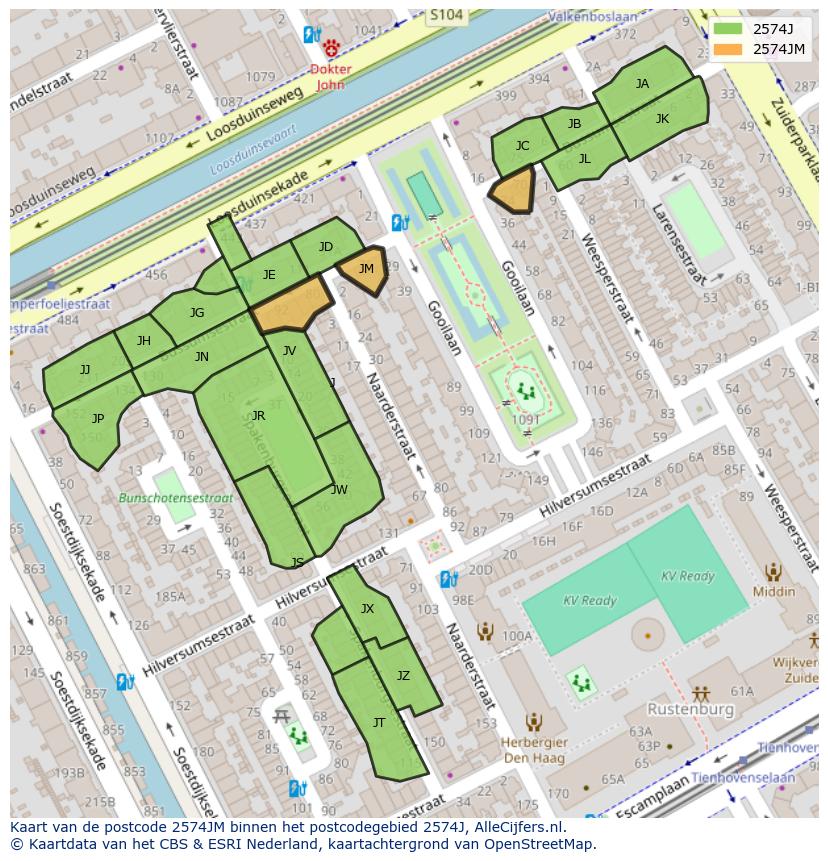 Afbeelding van het postcodegebied 2574 JM op de kaart.