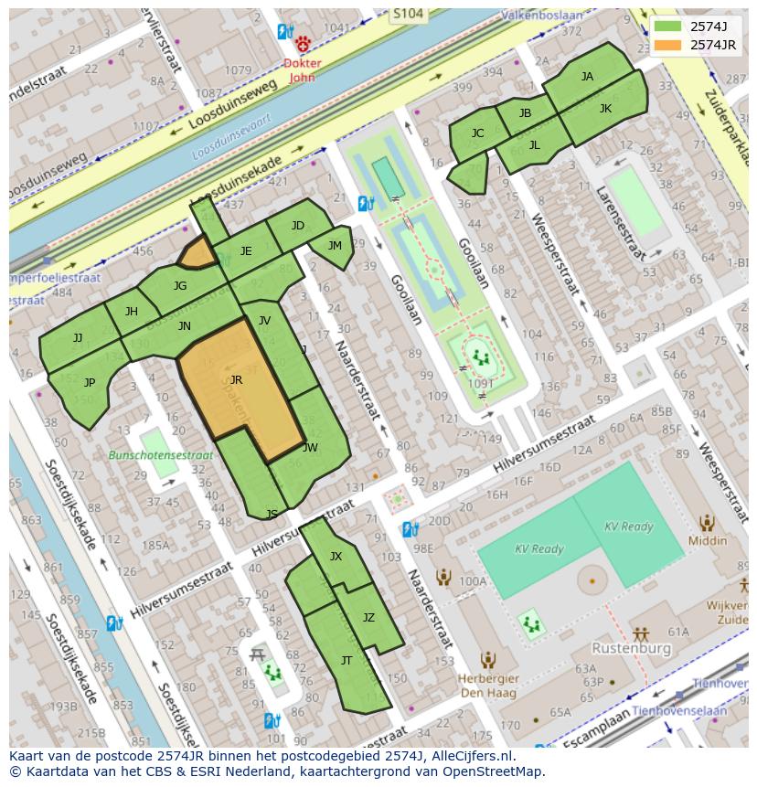 Afbeelding van het postcodegebied 2574 JR op de kaart.