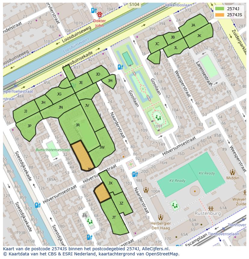 Afbeelding van het postcodegebied 2574 JS op de kaart.