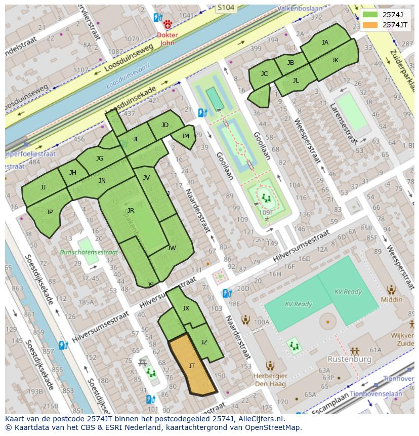 Afbeelding van het postcodegebied 2574 JT op de kaart.