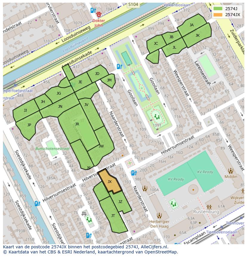 Afbeelding van het postcodegebied 2574 JX op de kaart.