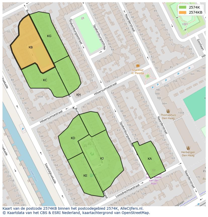 Afbeelding van het postcodegebied 2574 KB op de kaart.