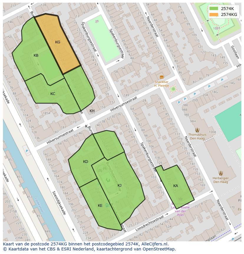 Afbeelding van het postcodegebied 2574 KG op de kaart.