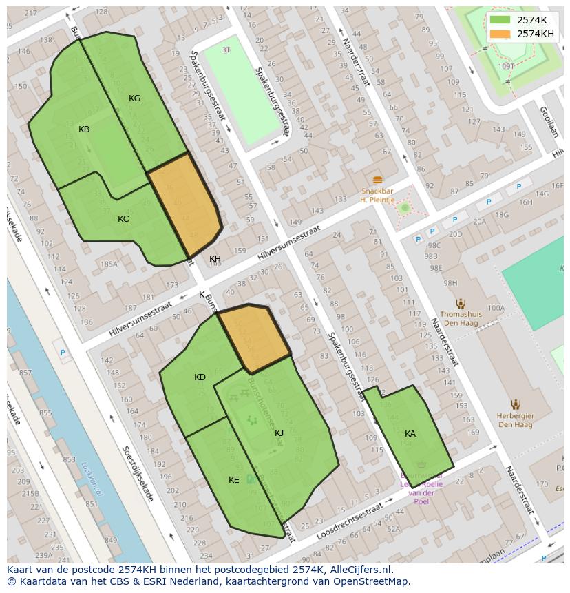 Afbeelding van het postcodegebied 2574 KH op de kaart.