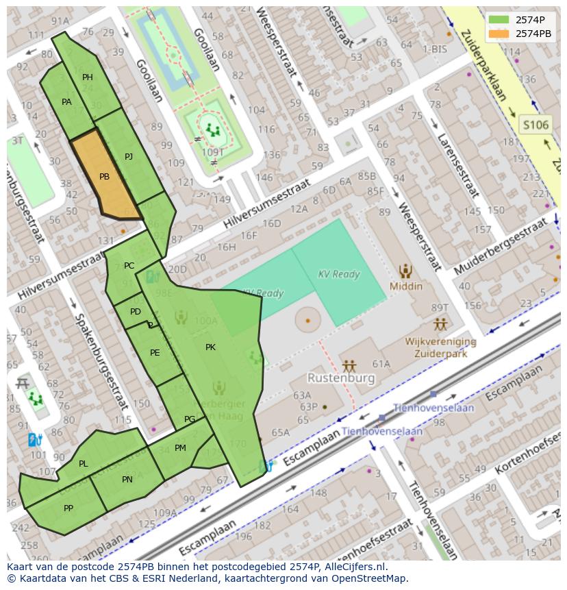 Afbeelding van het postcodegebied 2574 PB op de kaart.