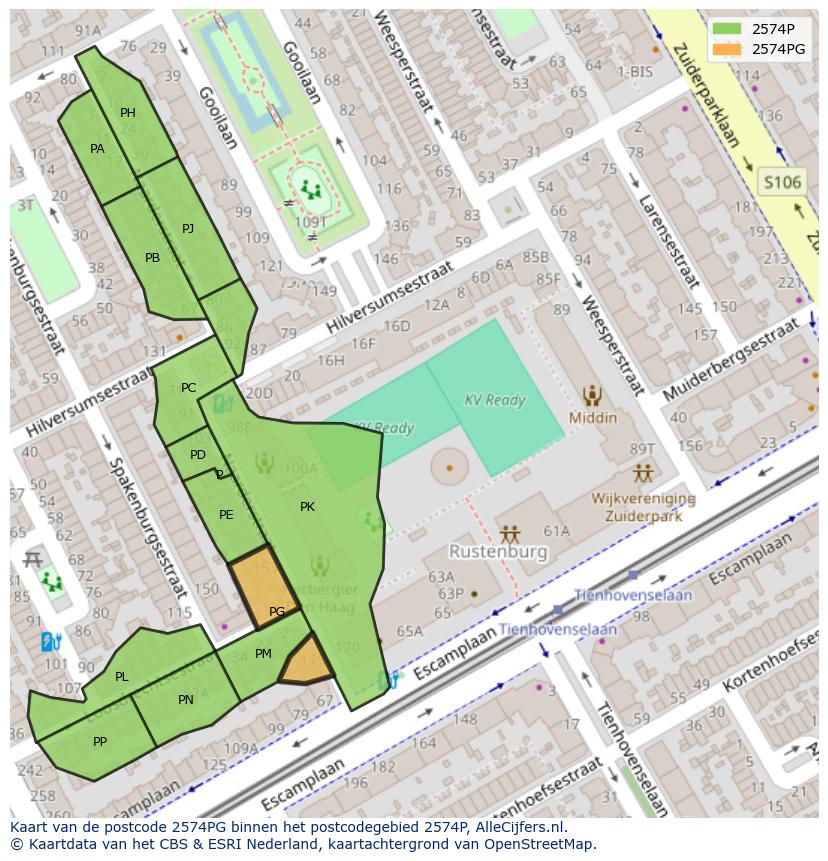 Afbeelding van het postcodegebied 2574 PG op de kaart.