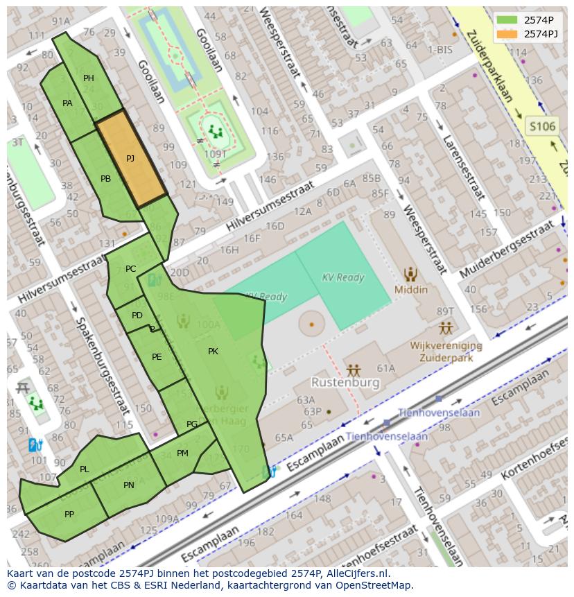 Afbeelding van het postcodegebied 2574 PJ op de kaart.